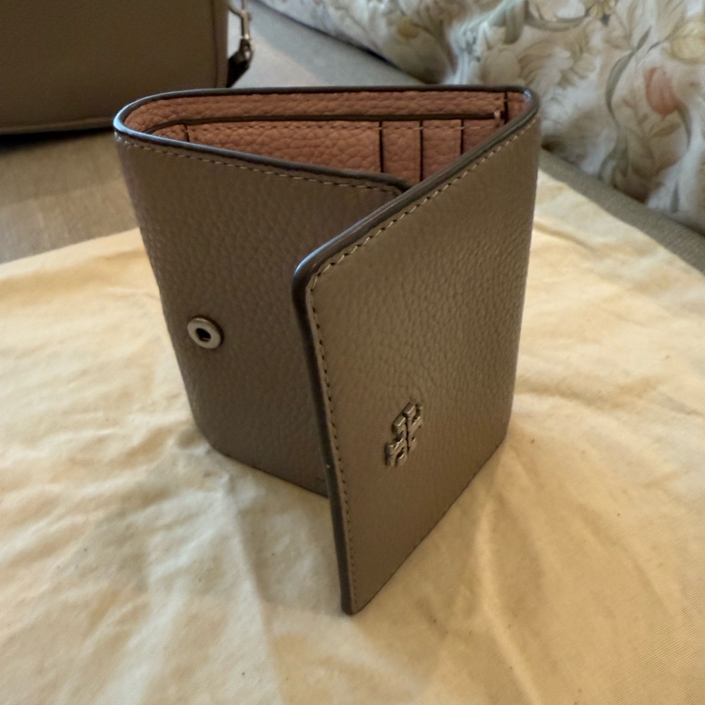 Tory Burch grey leather trifold mini wallet